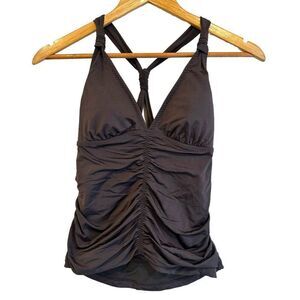 Athleta Aqualuxe Dusty Grey Ruched Adjustable T-Back Strap Tankini Top Size S